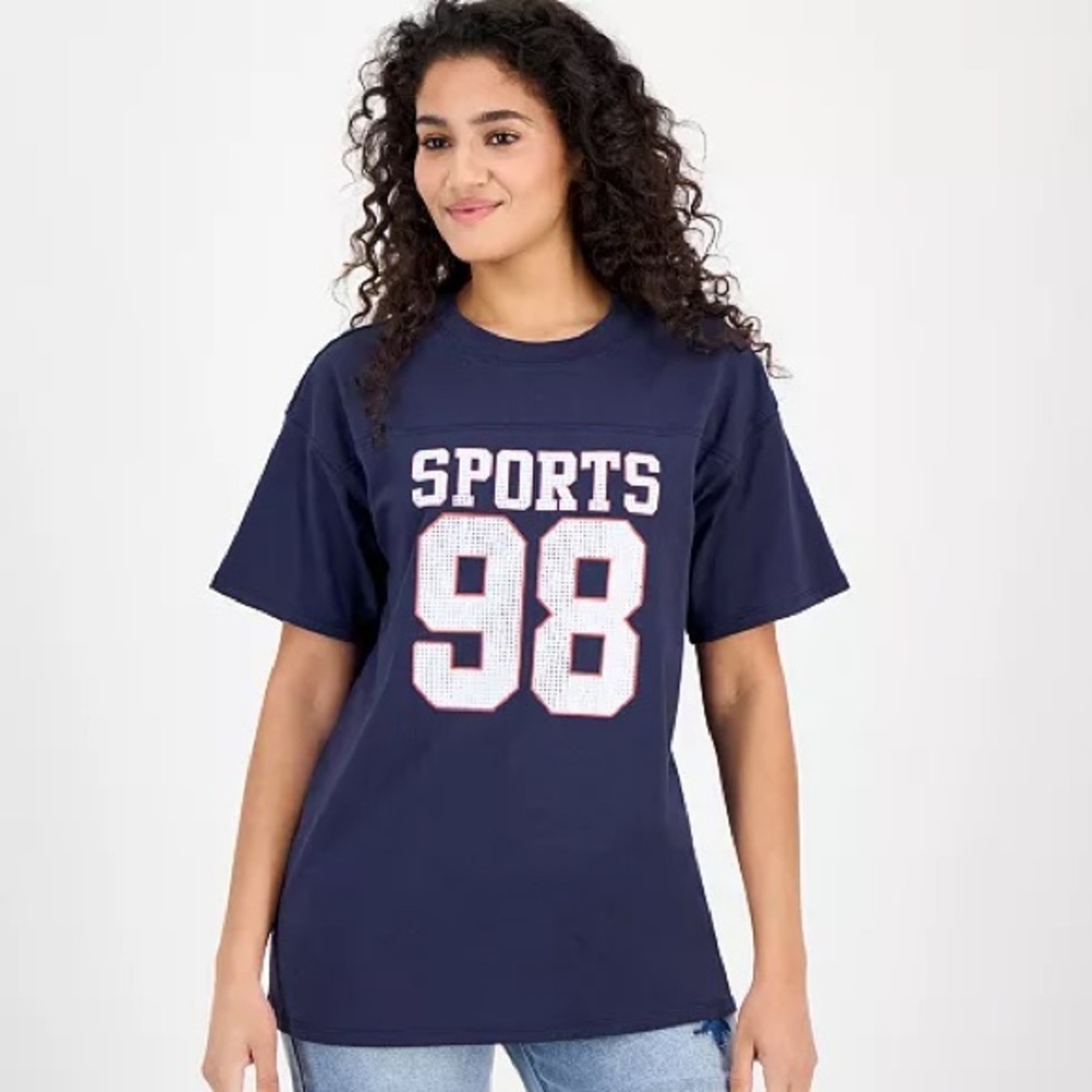 Madden Girl Sports 98 Rhinestone Tee Shirt Women’s Size L NWT Navy Blue